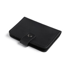 Black credit card holder on white background, closeup