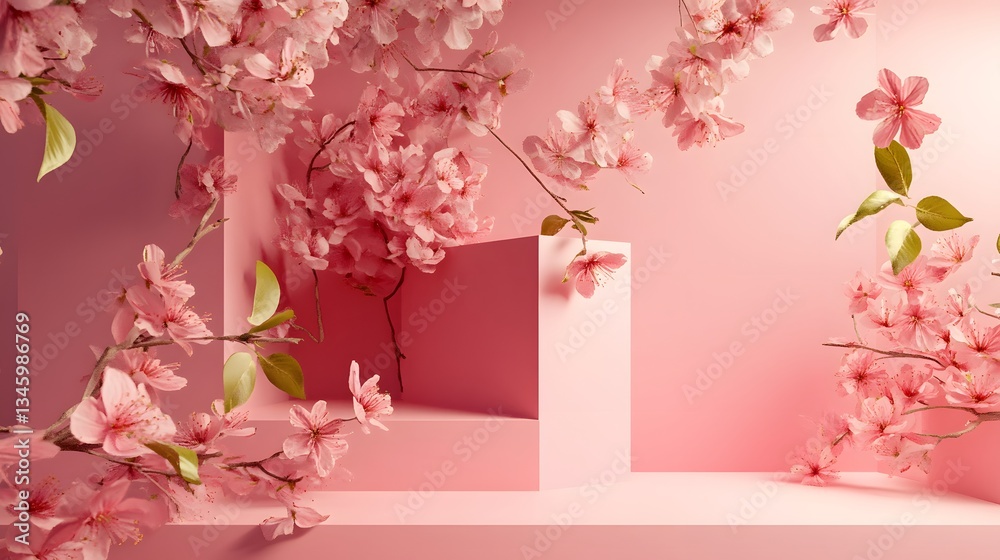 Poster pink cherry blossom branches framing empty display stands on pink background