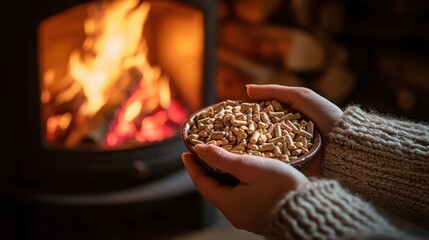 Woman's hands hold wood pellets near a burning stove with firewood. Use this shot to illustrate green energy or home heating concepts.