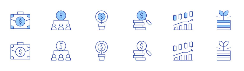Investment icon set in two styles, Duotone and Thin Line style. Editable stroke. briefcase, crowdfunding, money, search, trading, profits