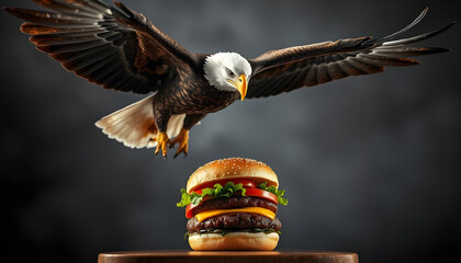 american bald eagle wants to eat a hamburger