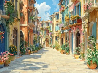 Fototapeta premium Colorful buildings line a sunny street, adorned with flowers and plants