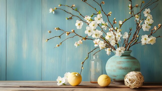 Blooming quince branches in rustic vase with peaches on wooden table
