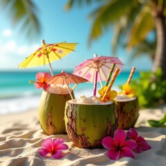 Fototapeta premium Refreshing tropical drink in a coconut shell, garnished with a colorful umbrella and served on a sunny beach