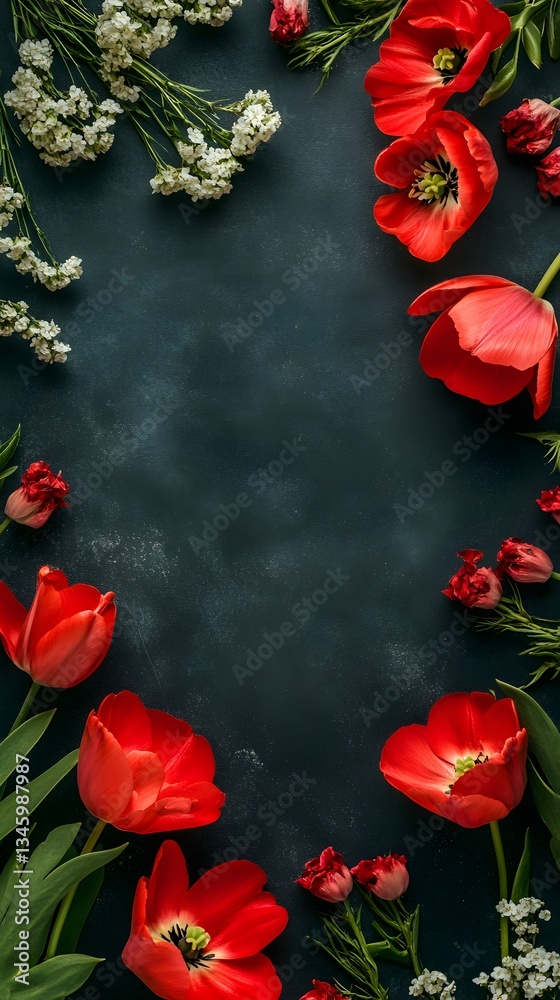 Poster red tulips and white flowers creating a border on dark background