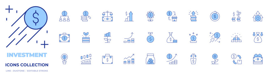 Investment icons collection. Line Duotone style, editable stroke. briefcase, crowdfunding, increase, liability, money, capital, investment, investing, money jar