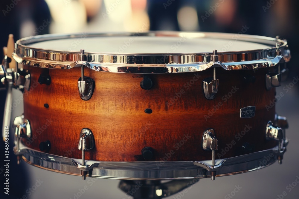 Poster a close-up view of a drum on a stand, ideal for music-related uses