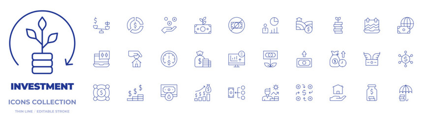 Investment icons collection. Thin Line icons, editable stroke. money, no money, balance, trading, marketing, rival, crowdfunding, jar, lender, investment, land