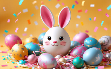 A charming bunny-shaped egg takes center stage among colorful Easter eggs. Confetti sprinkles around, creating a festive and joyful spring holiday scene, full of celebration and cute decorations.