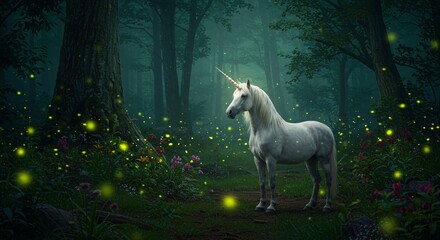 Fototapeta premium Magical Unicorn in Enchanting Firefly Forest