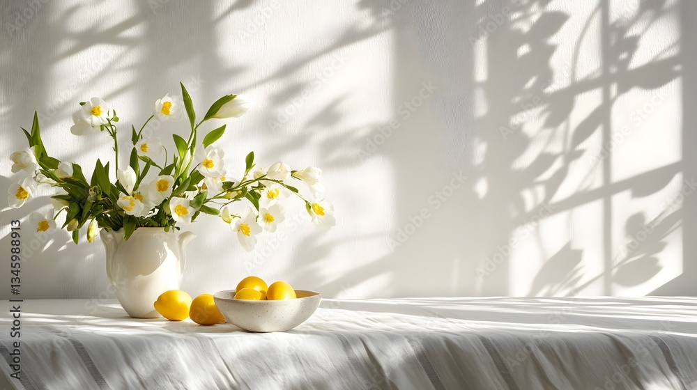 Poster white flowers in vase and lemons in bowl on table with window shadow