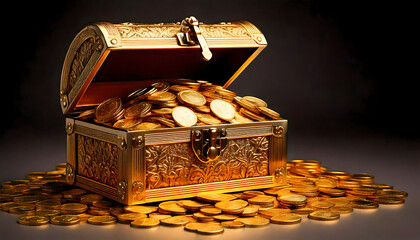 An ornate treasure chest overflowing with shiny gold coins atop a larger pile of gold coins set against a dark and dramatic background ambiance 150 characters