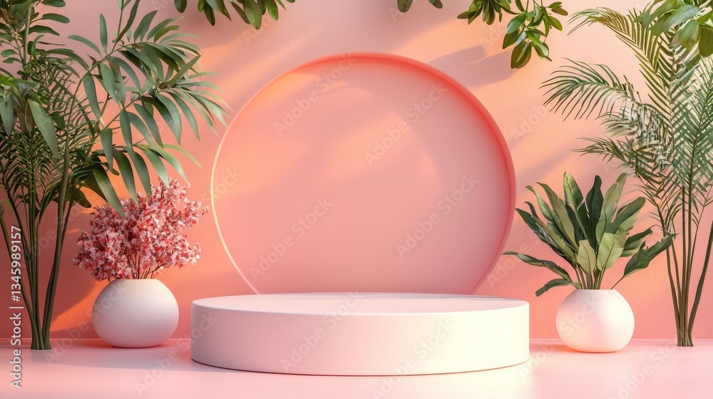 Poster soft pink walls cradle a circular backdrop, harmonizing with vibrant plants in stylish pots, creatin