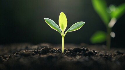 Fototapeta premium Young plant sprouting from the soil, representing growth and new beginnings