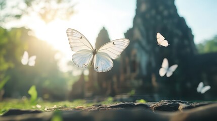 Ethereal Butterflies in Sunlit Ancient Temple Background