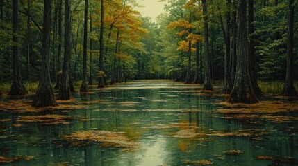 Obraz premium Serene autumn swamp trees reflecting in water