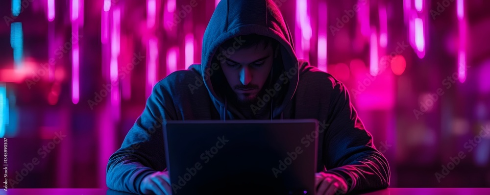 Aufkleber hacker coding on laptop in dark room with pink and blue neon lights