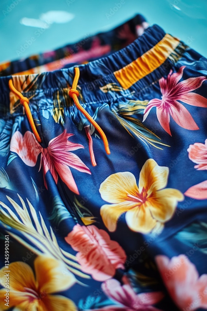 Aufkleber close-up of a pair of shorts with colorful flowers embroidered on the fabric