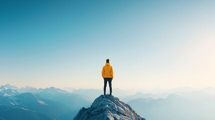 Person looking out at the horizon from a mountain peak, ready for new challenges
