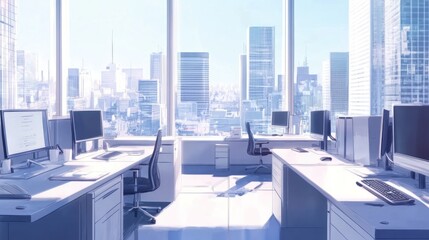 Modern office with city view;  workplace;  peaceful; productive atmosphere;  ideal for design; digital illustrations;  use for website design, stock photos, or social media;  business image