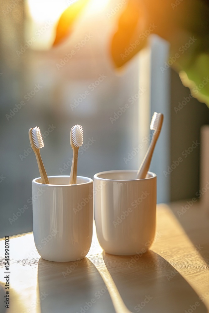 Poster toothbrushes arranged neatly in a cup on a table