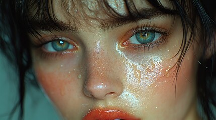 Fototapeta premium Close-up portrait of a woman with wet skin, glistening eyes, and rosy cheeks