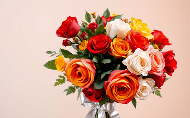 A colorful bouquet of roses features blooms in red, orange, yellow, and white. The flowers are arranged with green leaves and tied with a silver ribbon.