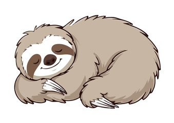Cute Cartoon Sloth Curled Up and Sleeping Peacefully, Vector Illustration Isolated on White Background

