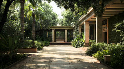 Fototapeta premium Stone Pathway Through a Lush Green Garden Leading to a Classical Architecture Building with Sunlight