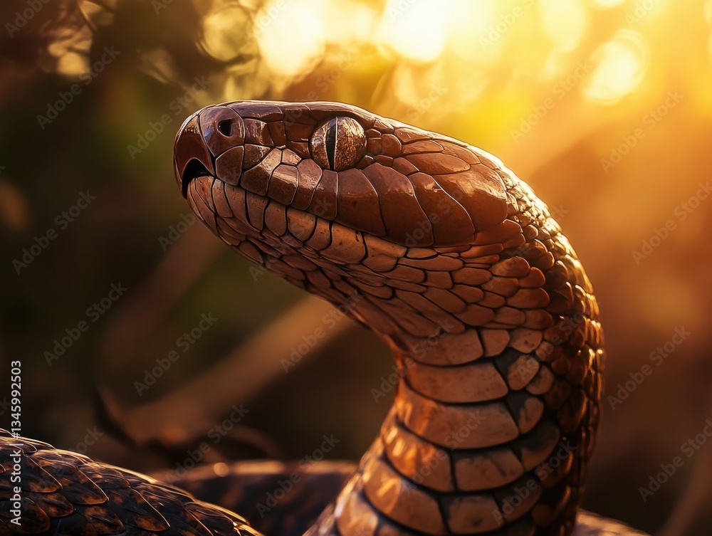 Poster a close-up shot of a snake's head with the sun shining brightly in the background