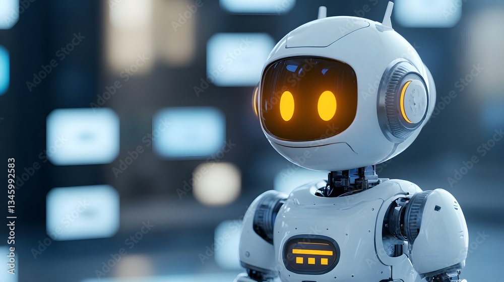 Poster white friendly robot looking towards the future in blurred server room background
