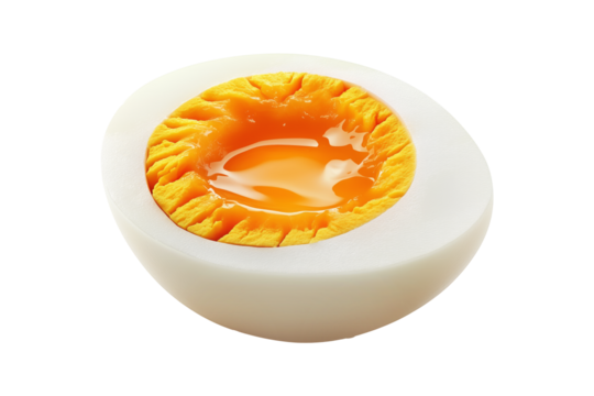 Halved boiled egg with semi-liquid yolk and firm egg white isolated on white transparent background, representing food and nutrition concepts