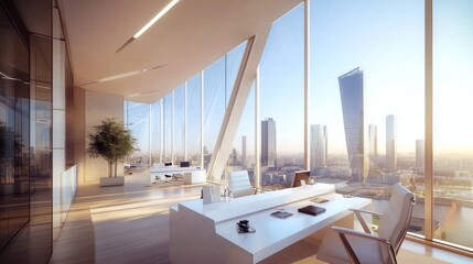 Obraz premium Modern office interior, city view, panoramic windows. Stock photo