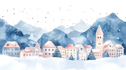 Watercolor painting of a snowy village, serene atmosphere, with snow-covered mountains, with copy space