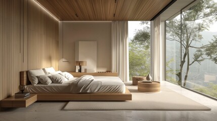 Modern Minimalist Bedroom with Wooden Platform Bed and Forest View