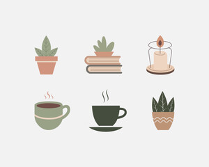 Minimalist Cozy Icon Set – Plants, Books, Coffee, and Candle