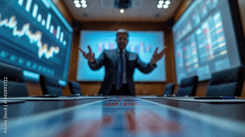 Poster a man in a suit stands in front of a large screen, suitable for office or conference setting