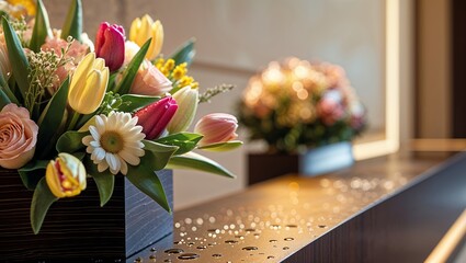 Obraz premium Vibrant spring flower arrangements decorate a modern interior space with a warm ambiance during daylight hours