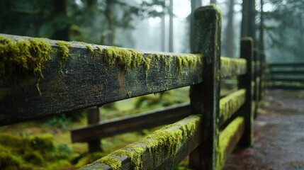 Fototapeta premium Misty Forest Scene with Wooden Fence Covered in Green Moss