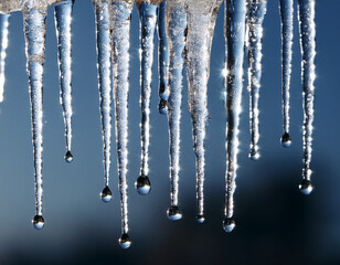 Fototapeta premium Crystal-clear water droplets dripping slowly from thin icicles to represent untouched purity and patience in nature