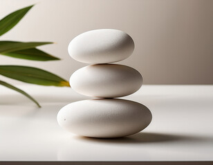 A minimalist arrangement of three smooth white stones stacked on top of one another to symbolize balance and purity