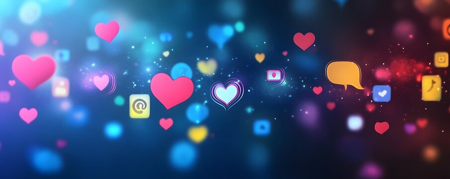 Social media icons floating with hearts representing sharing love and feedback online