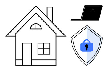 House outline representing home, open laptop suggesting technology, and shield with lock symbolizing security and protection. Ideal for cybersecurity, smart home, privacy, internet safety, online