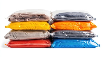 Stacked bags containing various colored items