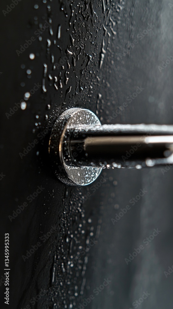 Poster a close-up shot of a door handle covered in water, perfect for use in scenes where moisture is invol