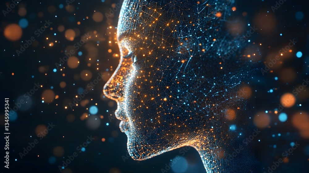 Poster Artificial intelligence face emerging from futuristic data cloud