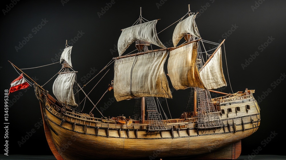 Poster a wooden model of a sailing ship displayed on a table, perfect for decorative purposes or as a prop 