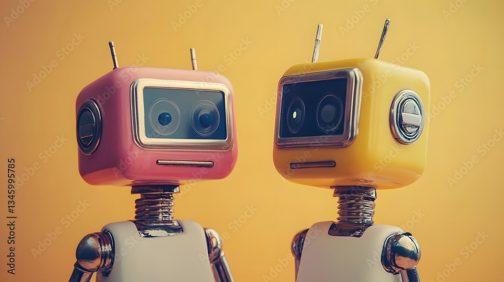 Poster Two colorful robots standing on yellow background: artificial intelligence concept