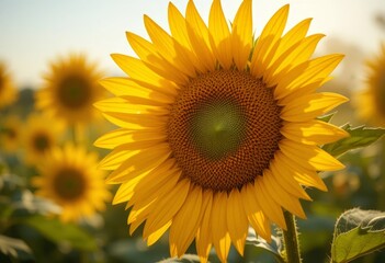 Obraz premium Sunflower in Summer Field – A close-up of a bright sunflower in full bloom, its yellow petals illuminated by golden sunlight