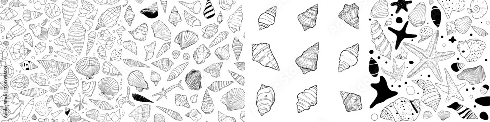 Poster A modern seamless pattern featuring hand-drawn sea shells in black, set against a textured seashell background